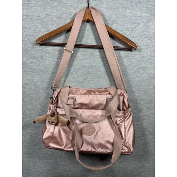 Kipling Shoulder Bag Satchel Monkey Keychain Pearlescent Pink Rose Gold - Picture 1 of 7